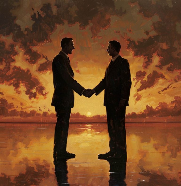 A photo of two men shaking hands against a bright orange sunset background.